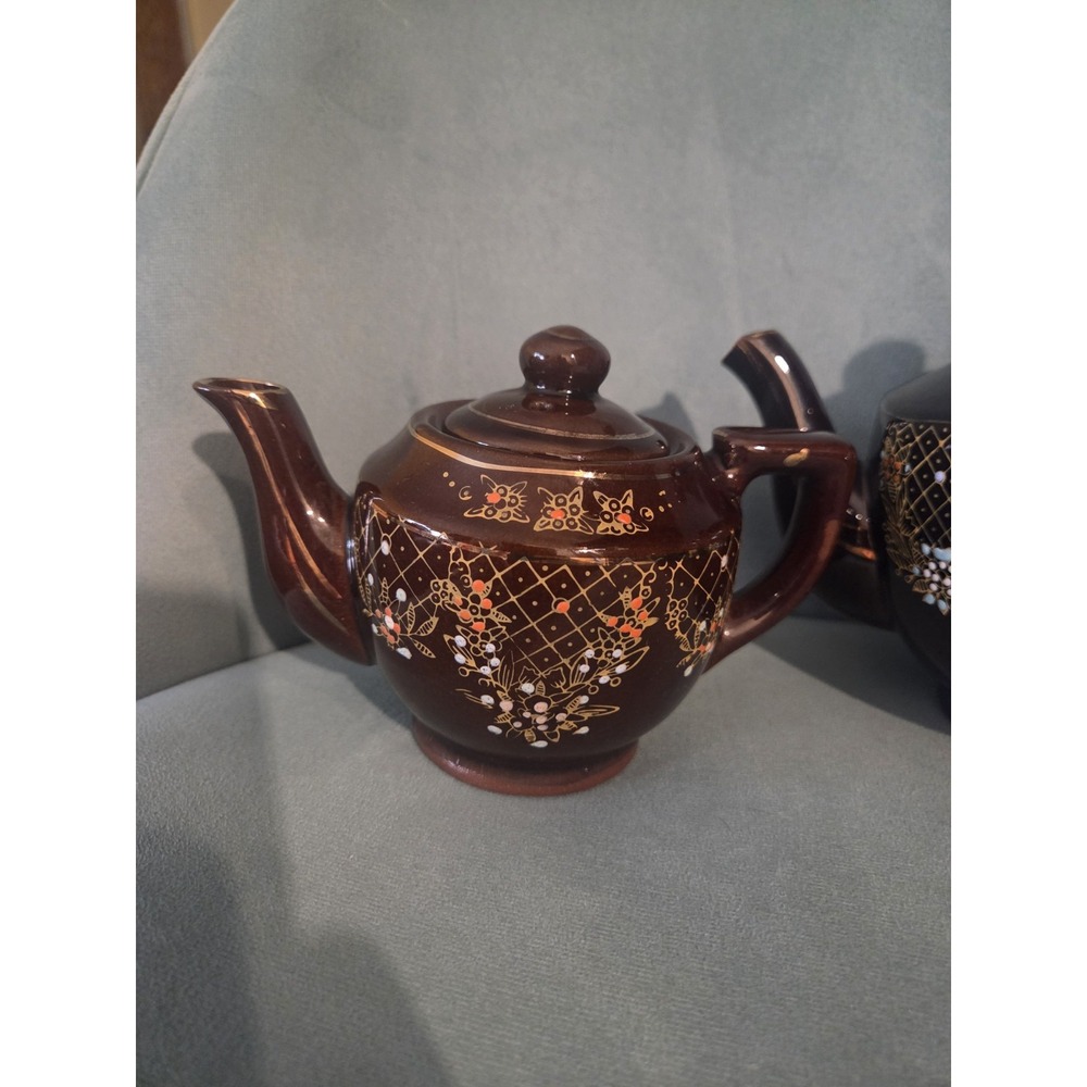 Vtg Brown Betty Redware Teapot Moriage Enamel Hand Painted Japan Set Of 4